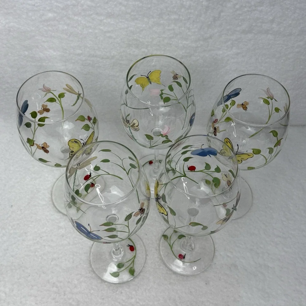 Lenox Butterfly Meadow Hand Painted Wine Glasses Water Goblets Set Of 5